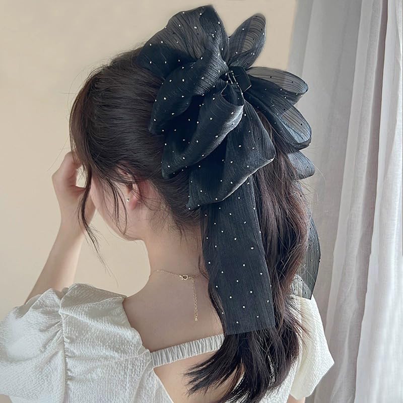 PLwelth Bow Claw Clip Flower Hair Ribbon Claw Black Large Hair Bow Claw for Women Teen Girls Non Slip Hair Accessory for Curly Thin Thick Hair Long Tail Bow Hair Claw for Party Decoration