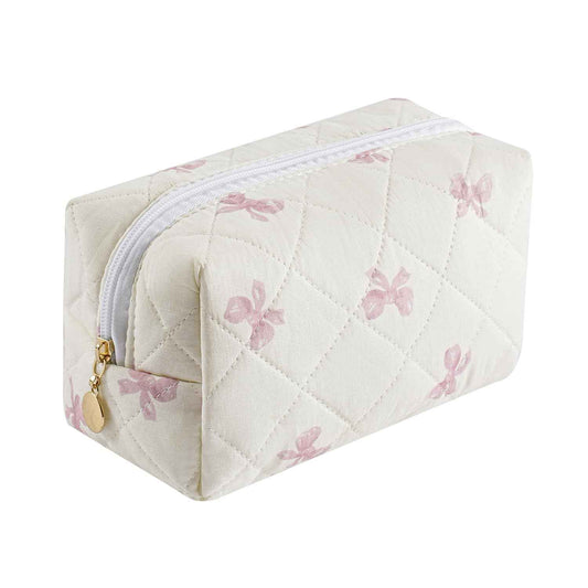 Gleyemor Small Quilted Makeup Bag for Women, Cute Floral Bow Cosmetic Bag, Emergency Bag Travel Toiletry Cotton Pouch Gifts for Girls Her Mom Friend Sister Bridesmaid (Small Pink Bowknot)