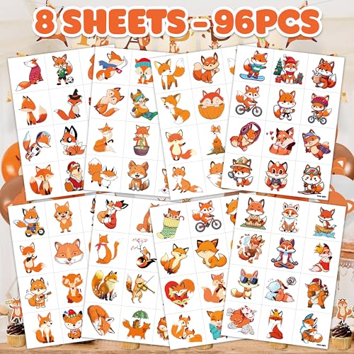 96PCS Cute Fox Temporary Tattoos, Pre-Cut Woodland Party Favors