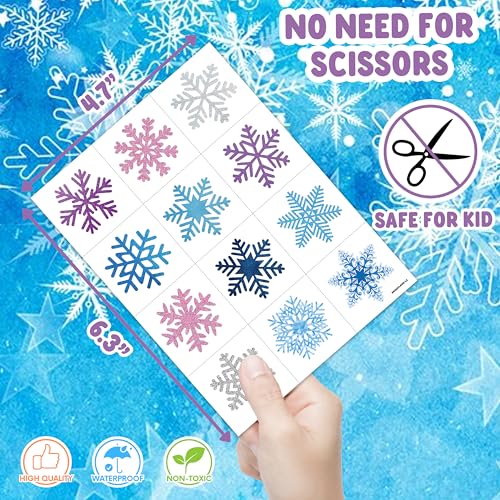 96 PCS Blue Snowflake Pre-Cut Temporary Tattoos Sticker Winter Birthday Christmas Party Decorations Decor Supplies Favors Gifts for Girls Boys Baby Showers Cute Fake Tattoos Classroom Reward Themed