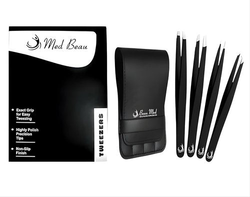4PC Professional Tweezers Set for Men&Women–Premium Stainless Steel Precision Tweezers for Women Facial Hair Removal,Eyebrow Shaping,Ingrown Hair Extraction,Splinter&Fine Hair Grooming (BLACK)