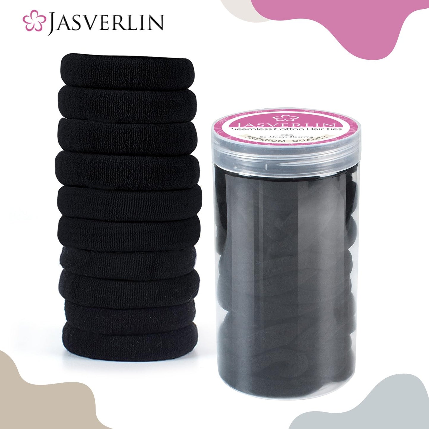 JASVERLIN 100 pcs Seamless Cotton Black Hair Ties, Thick Hair Elastic Bands Soft No Damage Ponytail Holders for Women Girl 1.5 inch (Black)