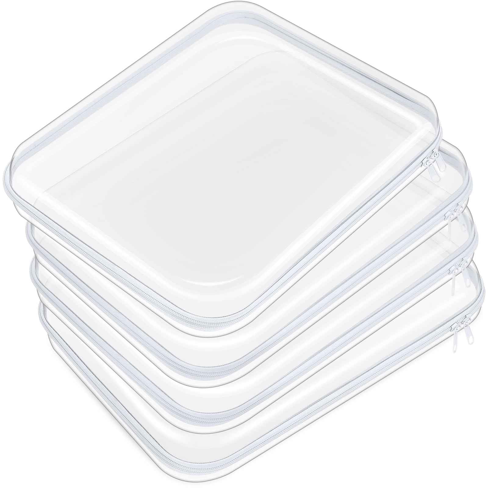 Hoolerry 4 Pcs Hard Clear Zipper Case Makeup Bags Plastic Pencil Pouch Transparent Storage Box Containers for Cosmetics, Snacks, Building Blocks, Puzzles(White,13.8 x 11.8 x 2 in)