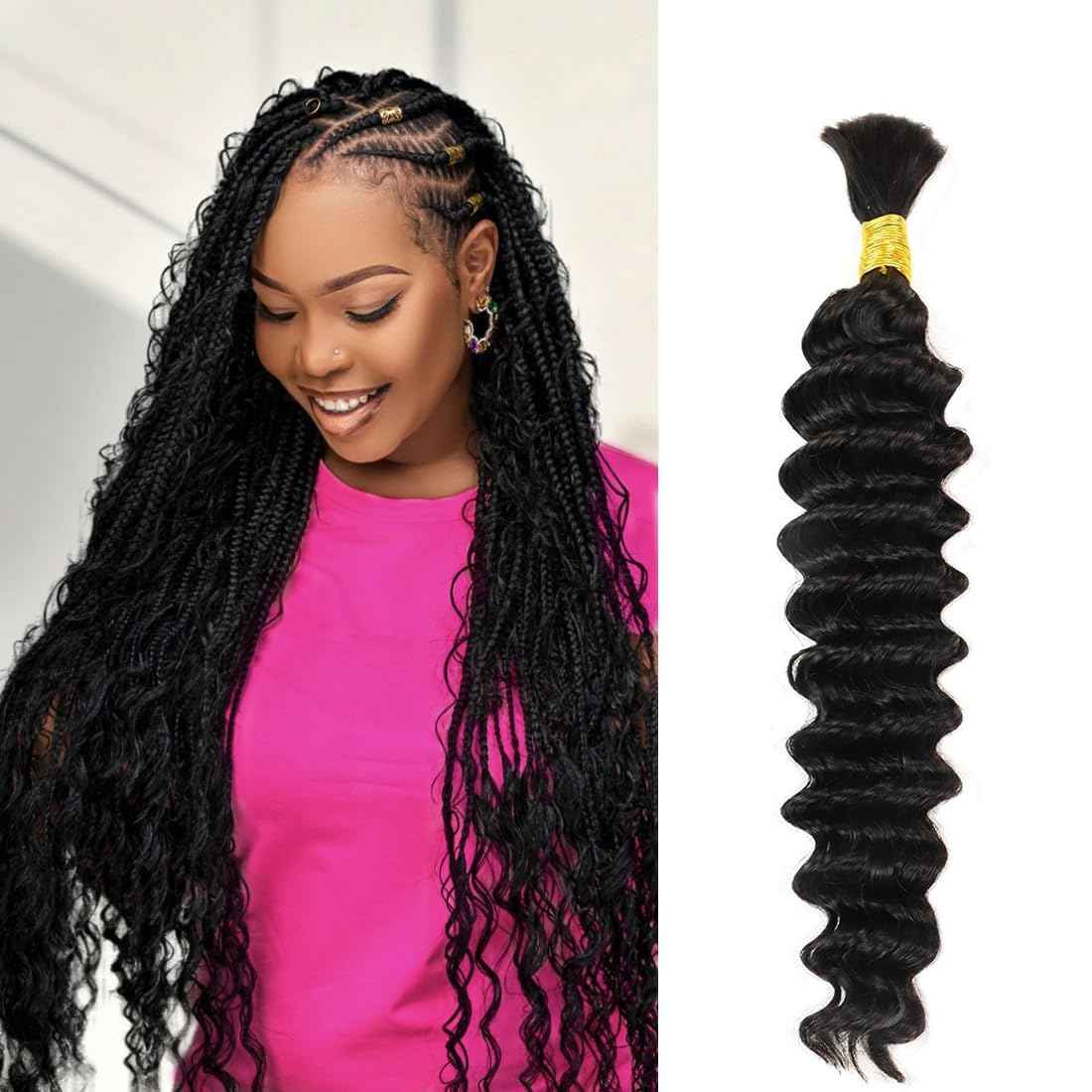 Human Braiding Hair Deep Wave Bulk Human Hair for Braiding 50g 24 inch No Weft Curly Braiding Hair Bulk Human Braiding Hair for Boho Braids Hair Extensions Real Human Hair Natural Color