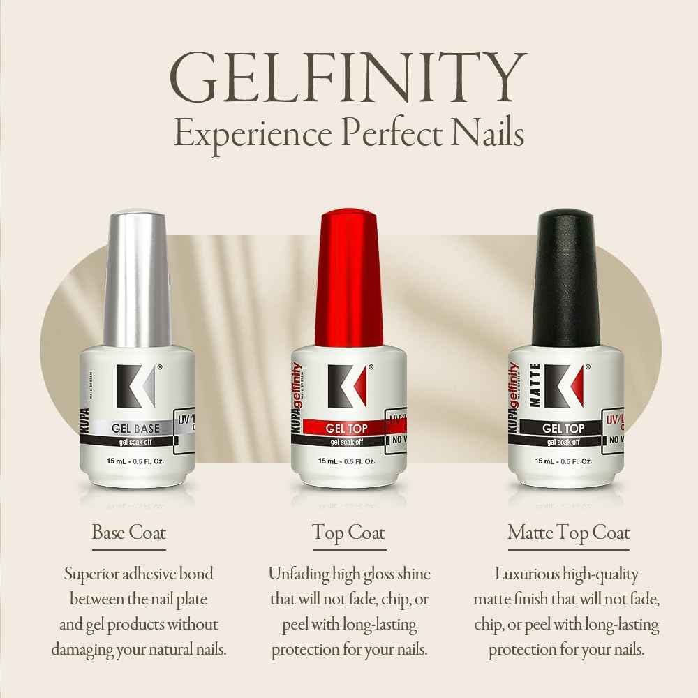 KUPA Gelfinity - Soak Off Gel - Base & Glossy Top & Matte Top Coat (No-Wipe) 0.5 Fl Oz Pack of 3