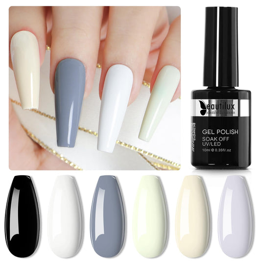 beautilux Gel Nail Polish, Black White Gel Polish 6 Colors, Soak Off UV Black and White Gray White Beige Gel Polish for Women Girls -10ml