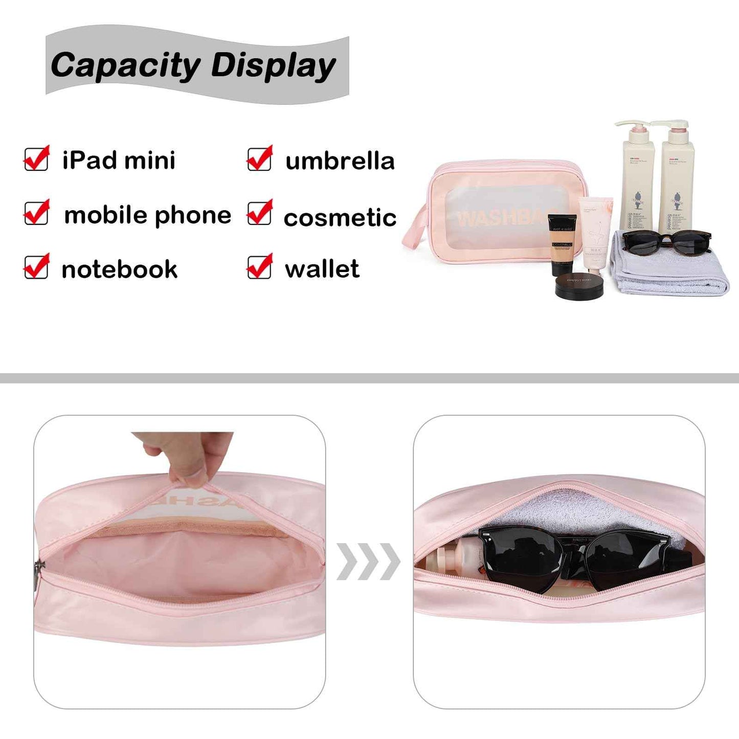 Gladdon Clear Travel Toiletry Bags for Women Clear Purse Bathroom Shower Pouches Makeup Bag Set of 4 Washbags Pink