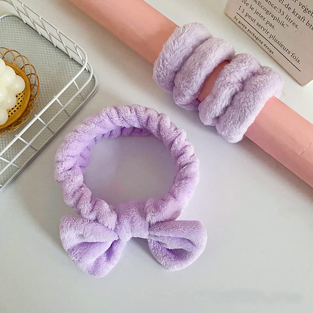 BLAAROOM 3PCS Bow Face Wash Headband and Wristband Set,Soft & Absorbent Spa Headband for Women Makeup Skincare Washing Face - Purple