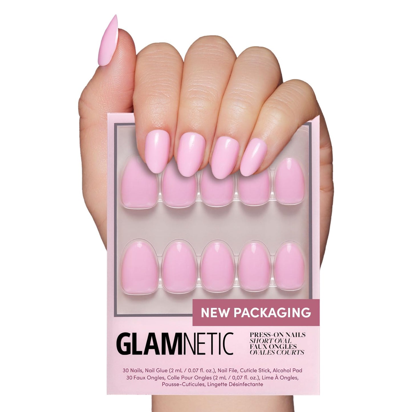 Glamnetic Press On Nails - Think Pink | Solid Opaque Light Pastel Pink Short Oval Nails, Reusable | 15 Sizes - 30 Nail Kit