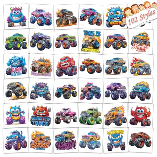 102 PCS Individually Wrapped Monster Trucks Temporary Tattoo for kids - Monster Truck Temporary for Girls Boy Body Arm Shoulder Cute Tattoos Stickers, Birthday Party Supplies Gifts for Kids