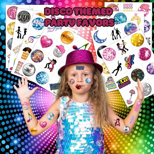 96PCS 70s Disco Ball Pre Cut Temporary Tattoos Themed Birthday Party Decorations Supplies Decor Favors Boogie Dance Groovy 1970s Retro Tattoo Stickers Gifts for Game Boys Girls Class School Prizes