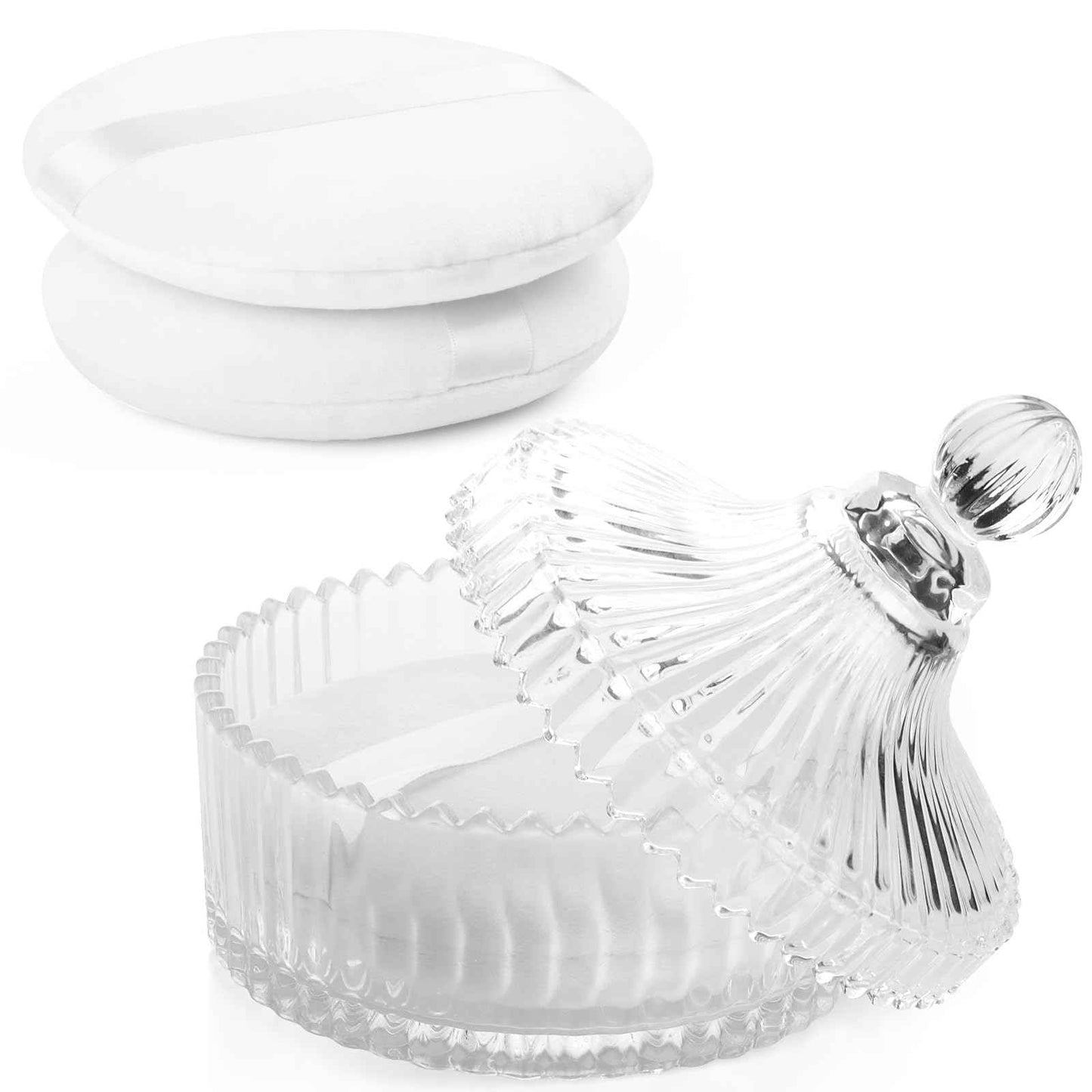 YINGMAN 2Pcs Extra Large Body Powder Puff & Luxury 6" Glass Jar Dusting Powder Container with Puff for Women Bath Powder Puffs Perfect for Talcum or Loose Powder (White)