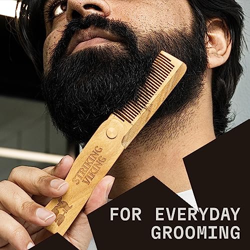 Beard Folding Wooden Comb and 4 Pack Beard Oil for Men - By Striking Vikings