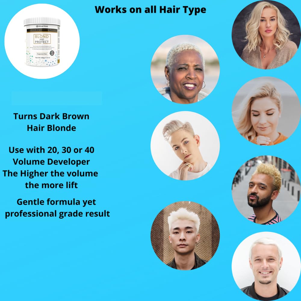 1 Lbs/17 Oz Tub Blond And Protect Premium Hair Lightener 8+ Levels + 13.5 Oz/400 ml Developer Volume & Hair Coloring Brush (Bundle - 5 items) (30 Volume Blue Powder)