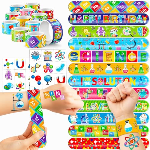 48PCS Science Party Favors - 24PCS Temporary Pre - Cut Tattoos & 24PCS Slap Bracelets - Fun STEM-Themed Birthday Supplies, Baby Shower Gifts, Classroom Rewards & Party Decor for Kids (Boys & Girls)