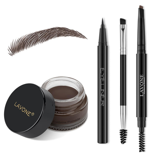 LAVONE Eyebrow Stamp Pencil Kit for Eyebrows, Makeup Brow Stamp Trio Kit with Waterproof Eyebrow Pencil, Eyeliner, Eyebrow Pomade, and Dual-ended Eyebrow Brush - Dark Coffee