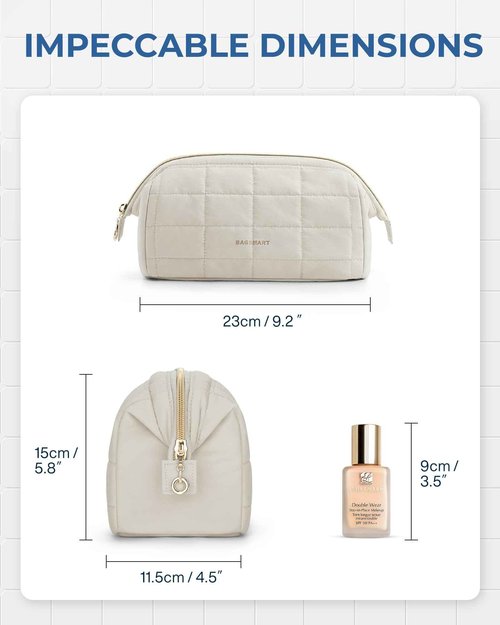 BAGSMART Makeup Bag Cosmetic Bag Wide Open, Beige, M, Wide-open Travel Makeup Bag With Puffy Padded and Rectangular Quilted