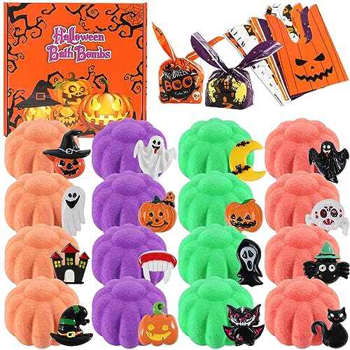 Halloween Gifts for Kids - 16pcs Halloween Bath Bombs for Kids with Toys Inside Halloween Party Favors Goodie Bag Fillers Bubble Bath with Spooky Pumpkin Bath Bombs