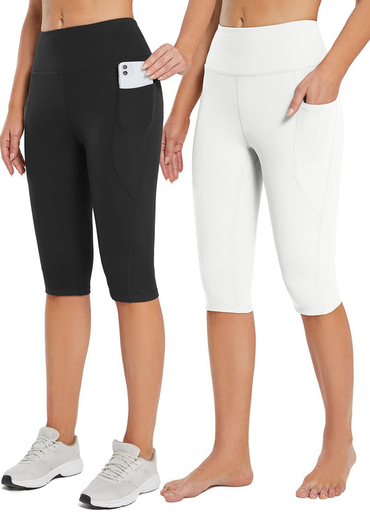 BALEAF Women's Capri Leggings Knee Length High Waisted Plus Size Yoga Casual Workout Exercise Capris with Pockets 2-Pack Black/White XS