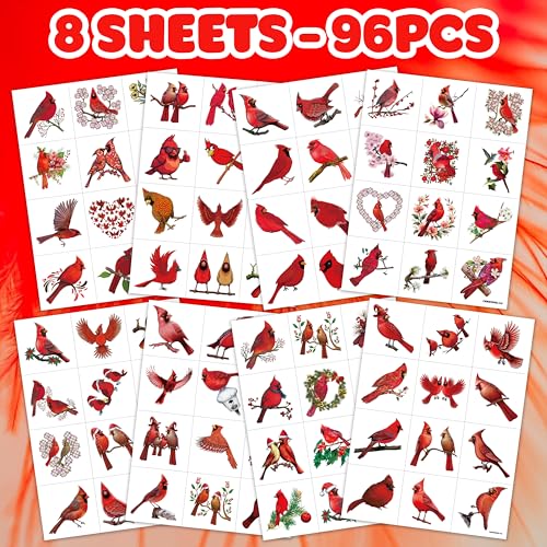 96 Red Cardinal Temporary Tattoos for Kids & Adults