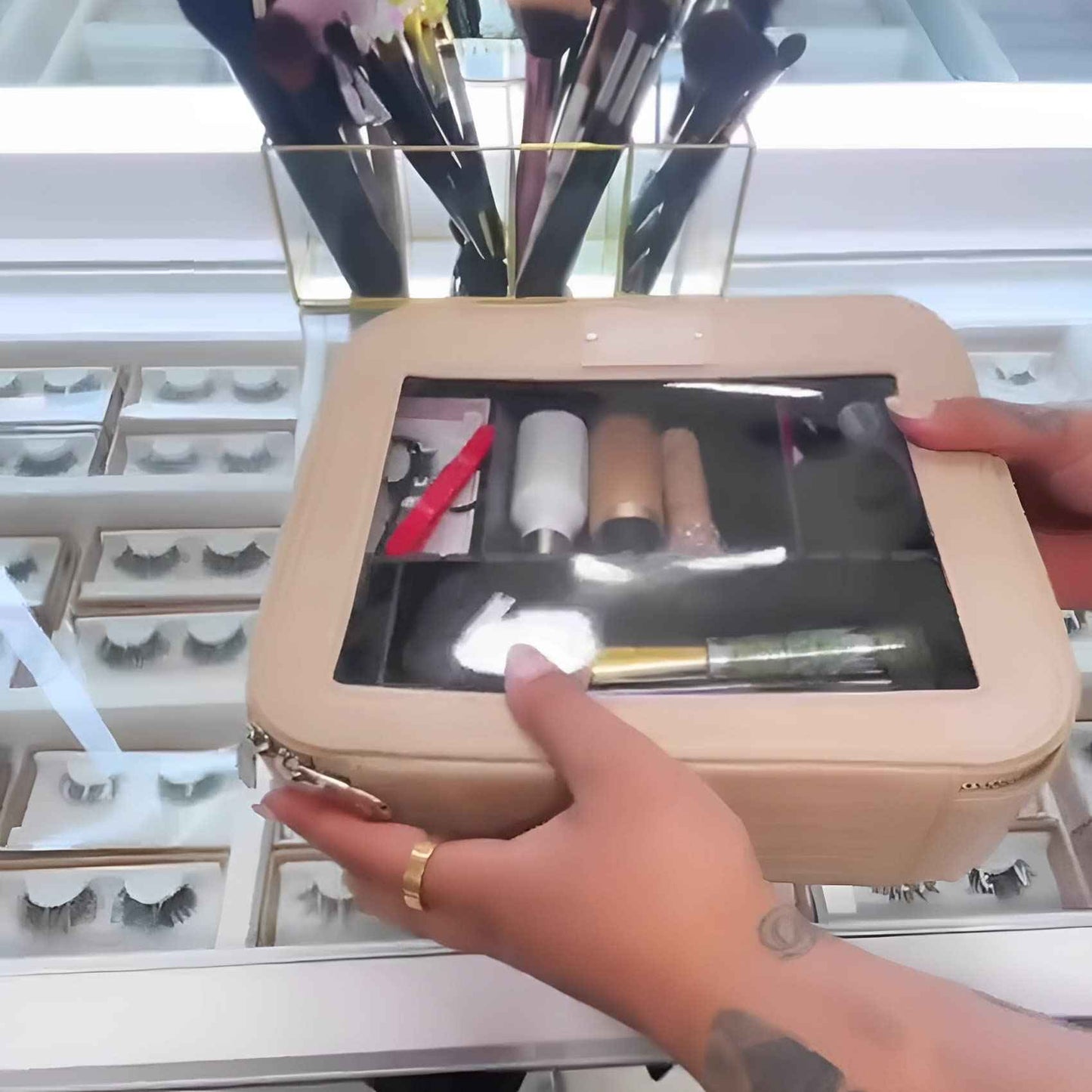 Impressions Vanity Liane V. Travel Makeup Bag, Cosmetic Case Makeup Organizer with Waterproof and Transparent Window, Makeup Vanity Bags with Adjustable Dividers and Faux Leather (Beige)