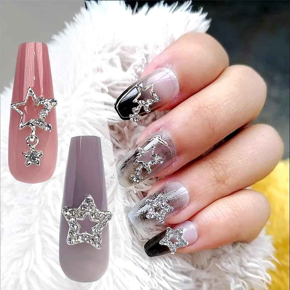 20 Pcs Star Nail Charms for Acrylic Nails, 3D Silver Stars Nail Rhinestones Nail Gems Jewels Pentagram, Shiny Crystal Star Nail Art Charms, 3D Nail Art Supplies, Nail Gems for Nails Designs