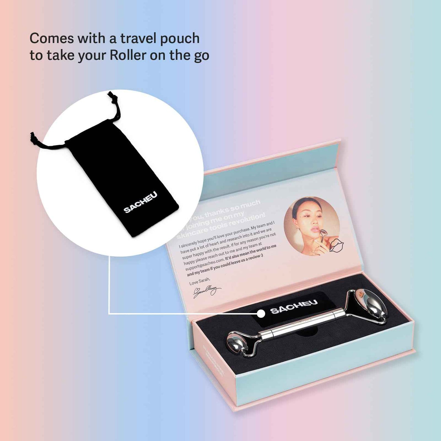 Sacheu Stainless Steel Face Roller Skin Care and Lymphatic Drainage — Cooling Metal Roller for Puffiness, Wrinkles, and Face Lifting, Dual-Sided Facial & Eye Massager with Travel Pouch