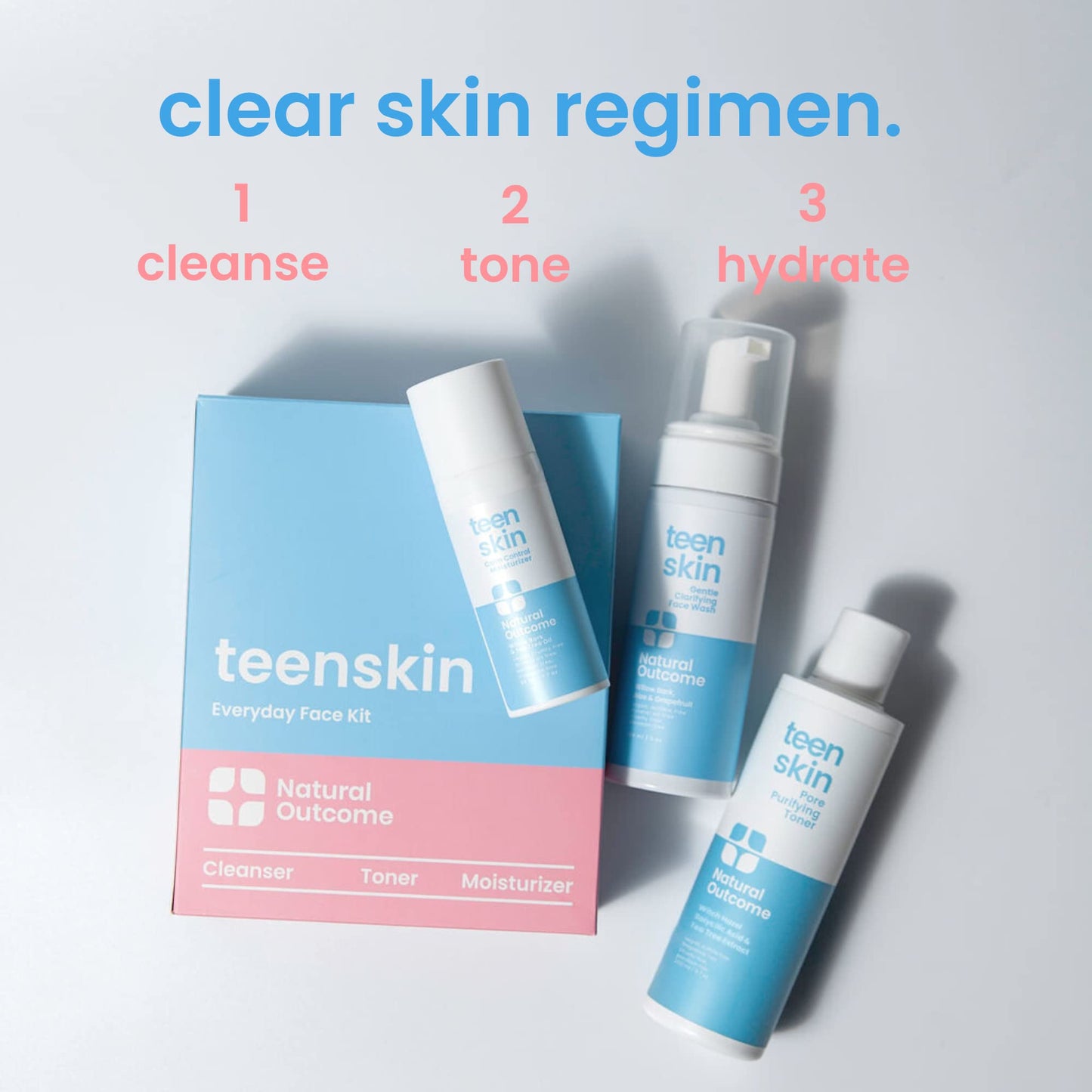 Natural Outcome Teen Skin 3-Step Skin Care Kit | Daily Boys & Girls Skin Care Regimen | Face Wash, Toner, & Moisturizer | Perfect for Teens Preteens & Kids Looking to Prevent Acne | 3 Pc