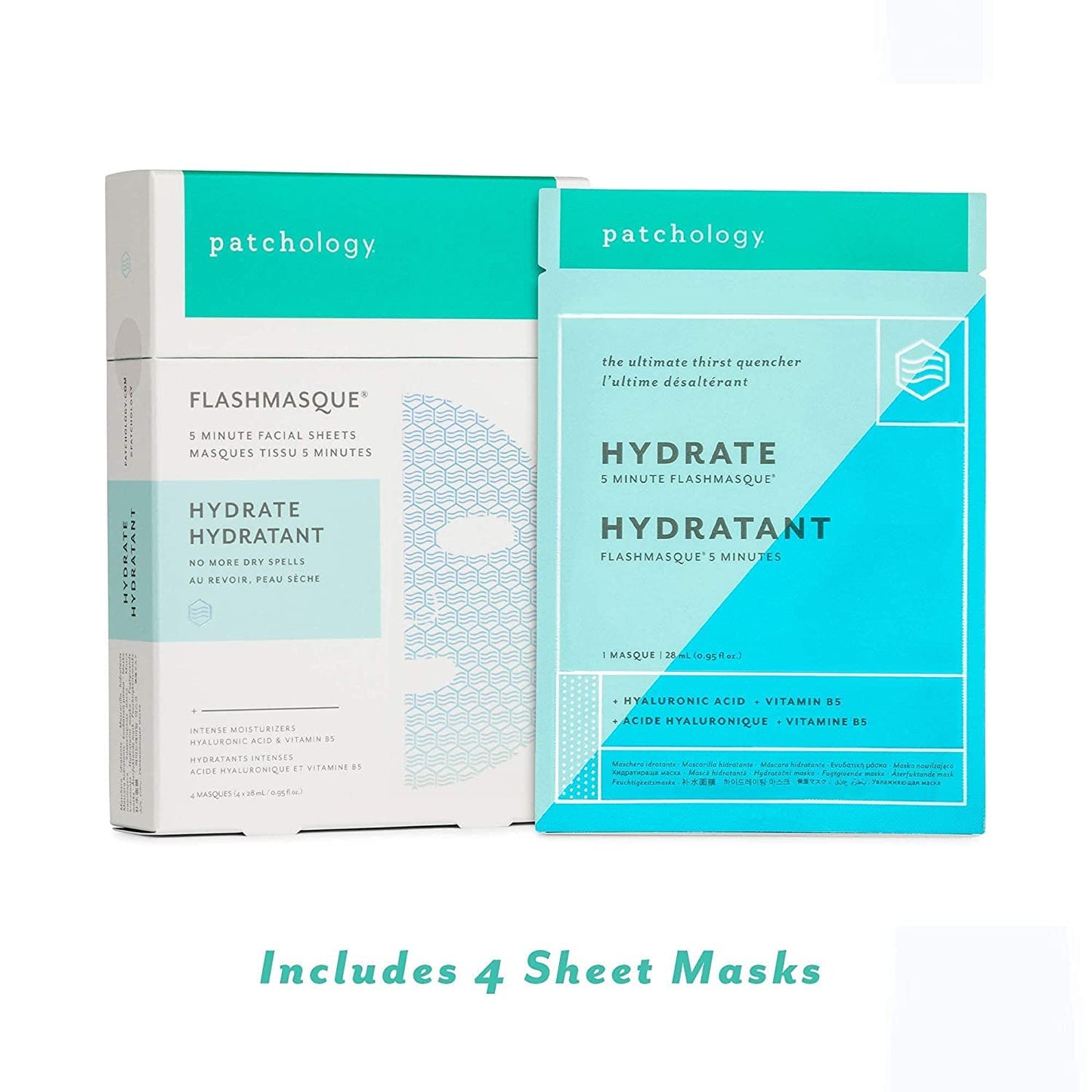 Patchology Hyaluronic Acid Facial Sheet Mask w/Vitamin B5 - Men & Women Face Masks Skincare Sheet for Moisturizing and Hydrating Skin in 5 Minutes - Best Face Sheets Moisturizer (4 Count)