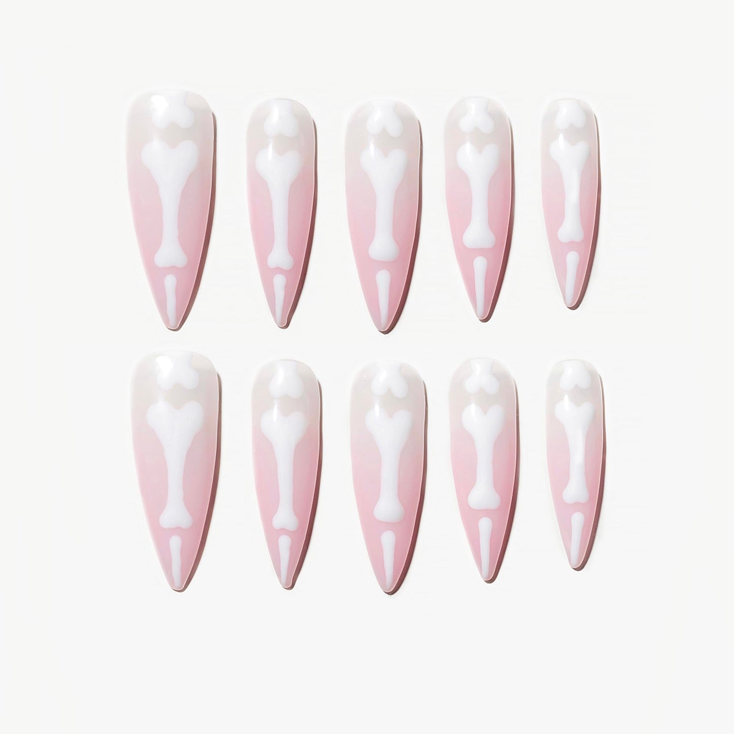 Sun&Beam Nails Handmade Press-on Long Almond Stiletto Pink White Halloween Glow In Dark Skeleton Finger Design False Nail Tips 10 Pcs (#127 S)