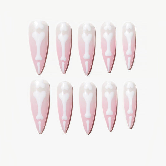 Sun&Beam Nails Handmade Press-on Long Almond Stiletto Pink White Halloween Glow In Dark Skeleton Finger Design False Nail Tips 10 Pcs (#127 S)