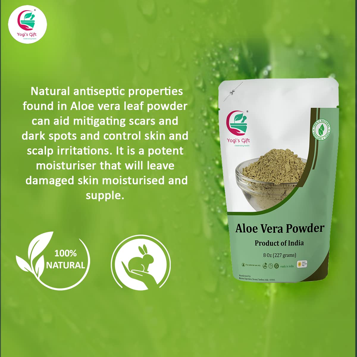 Aloe Vera Powder 8 oz | Moisturizing Face Mask Ingredient For Dry Skin | Hair Mask Ingredient for Hair Growth | Made from Pure & Cultivated Aloevera | by Yogi’s Gift®