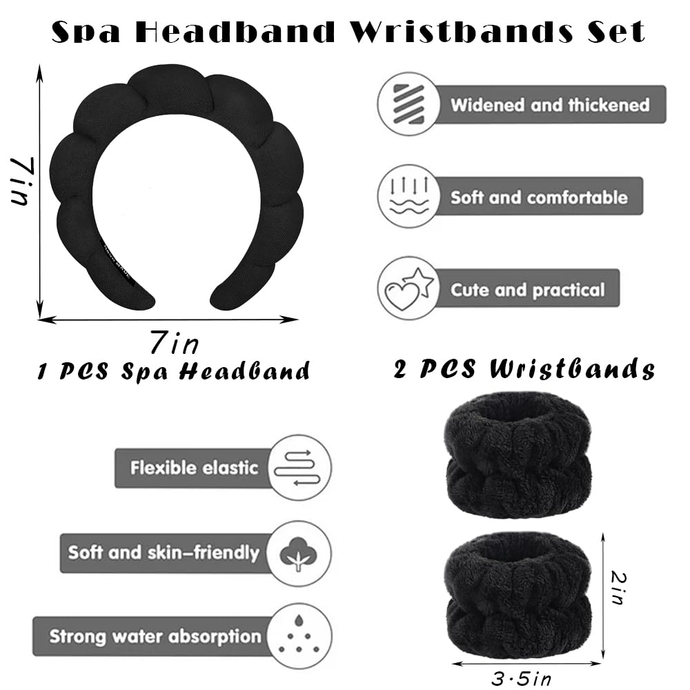 Spa Headbands for Washing Face Wristband Set Sponge Makeup Skincare Headband Wrist Towels Bubble Soft Terry Towel Cloth Hairband for Women Puffy Headwear Non Slip Thick Thin Hair Headwear (Dark blue)