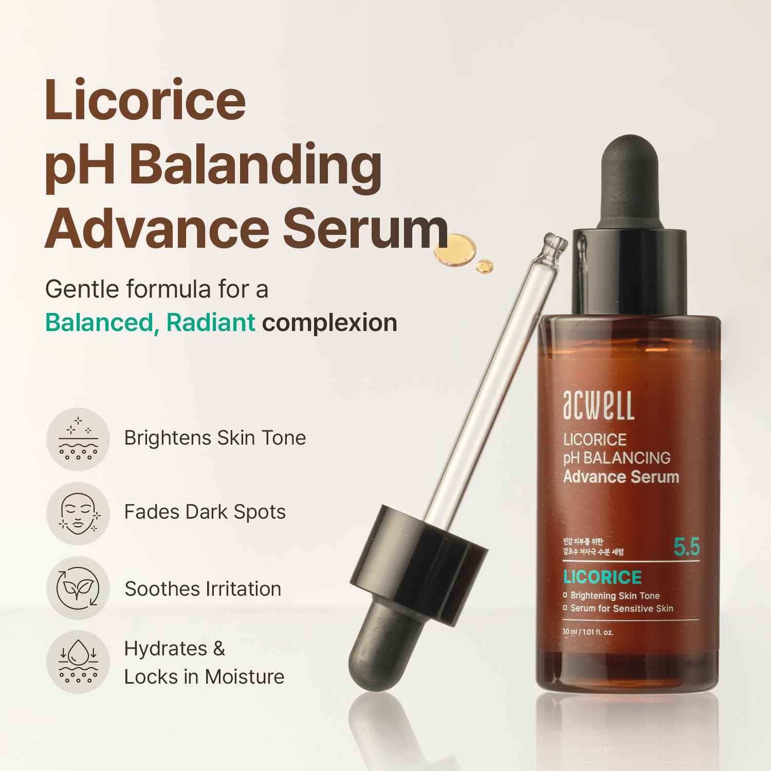 ACWELL Licorice pH Balancing Advanced Facial Serum Ampoule 1.01 fl.oz. - Radiance and Dark Spot care Face Serum for Dull Skin, Reduces Acne and Blemishes, Minimizes Fine Lines, Healthy Glow Skin