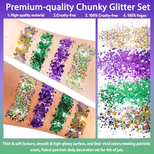 Allstarry Mardi Gras Face Glitter, 4 Colors Chunky Sparkle Set