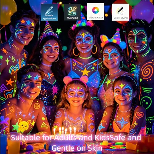 UV Neon Face Paint Markers - 6 Dual-Ended Pens, 12 Colors
