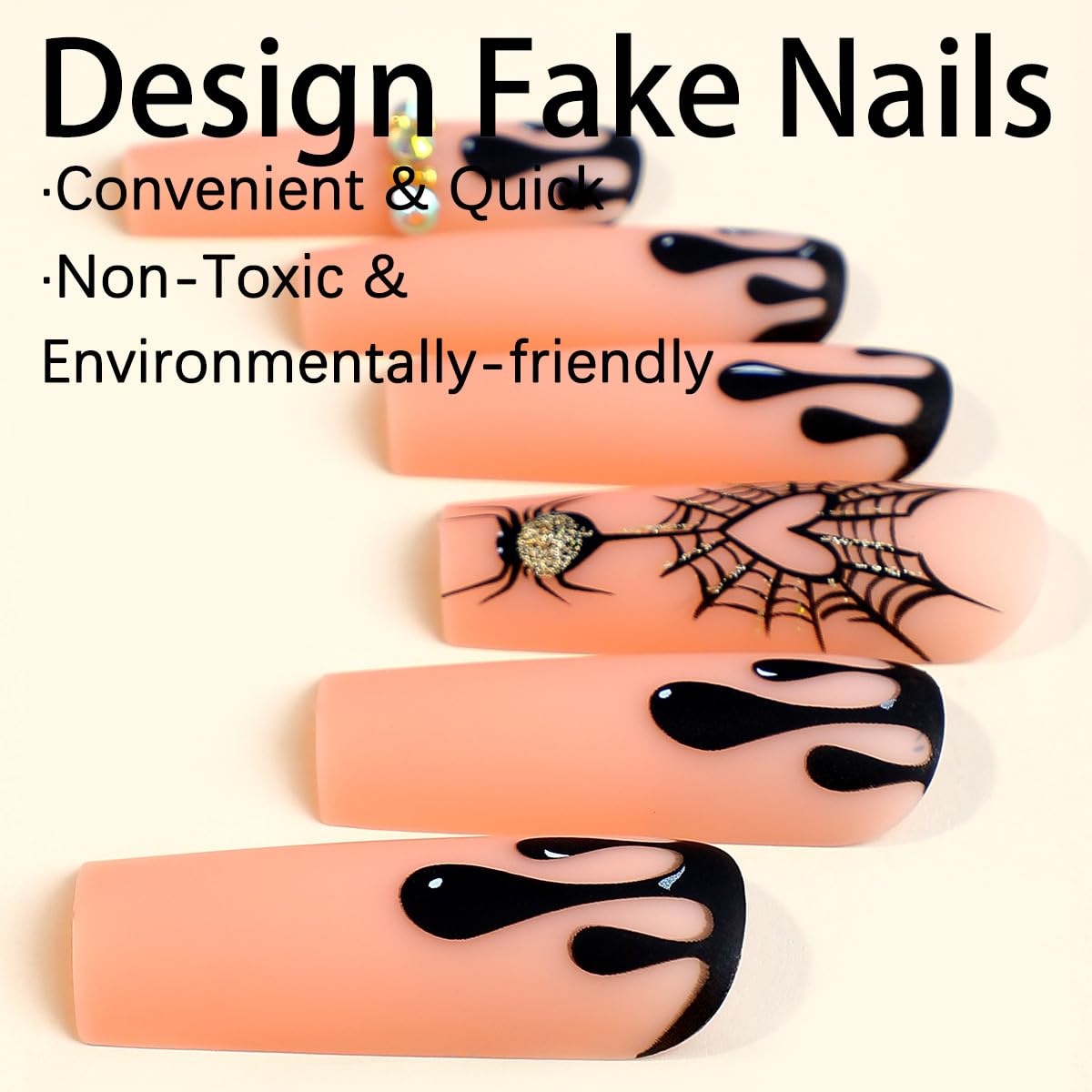 Halloween Long Fake Nails Square Press on Nails Black Blood Halloween Acrylic Nails Full Cover Glue on Nails with Spider Web and Rhinestone Designs Long Halloween False Nail Tips for Women, 24Pcs