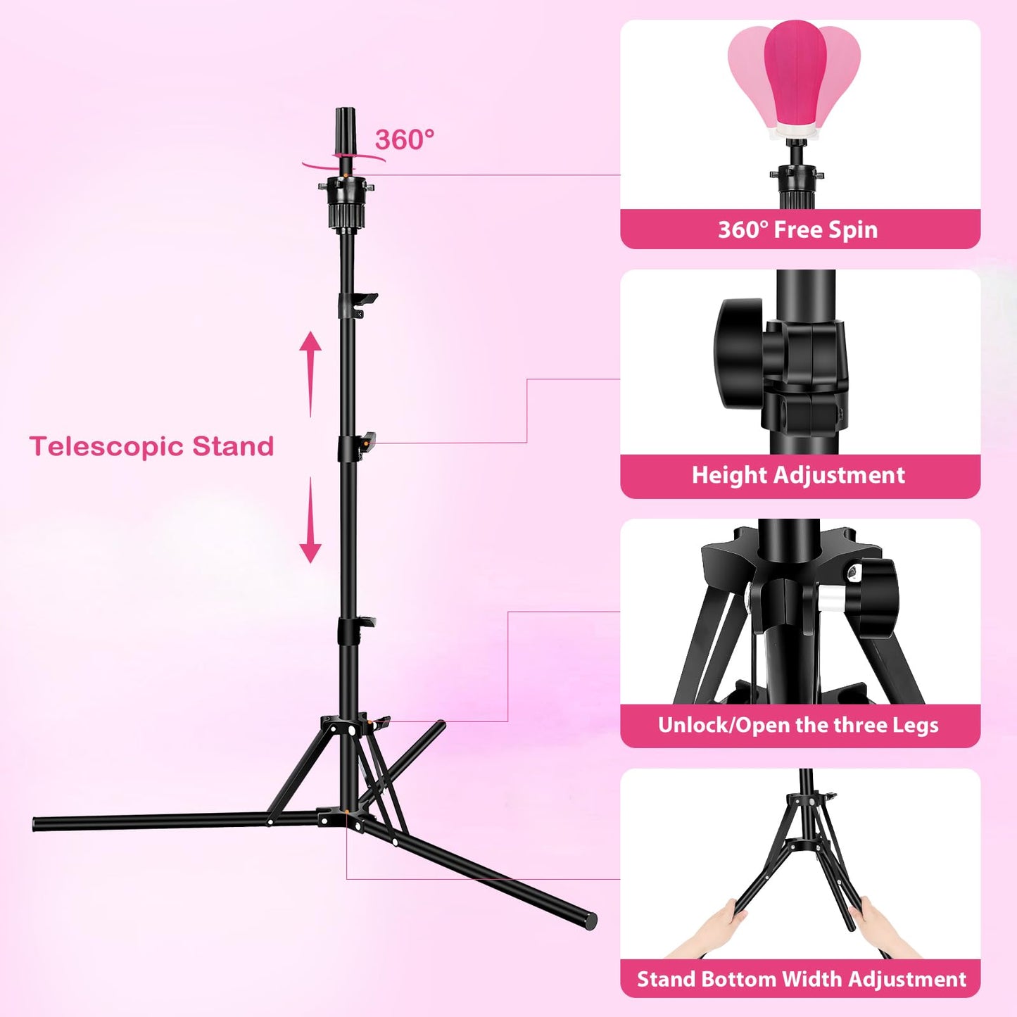 Beauty Star [ 63inch Tall ] Wig Stand Tripod with Head, 22inch Wig Mannequin Head with Adjustable Wig Tripod Stand Kit, Canvas Head for Making Wigs Display Styling Including Wig Caps, Pins and Comb