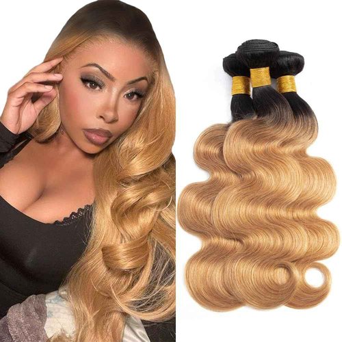 1B27 Human Hair Bundles Ombre Body Wave Bundles Unprocessed Virgin Mixed Length 12 14 16 Inch 2 Tone Black and Blonde Bundle Hair Extensions