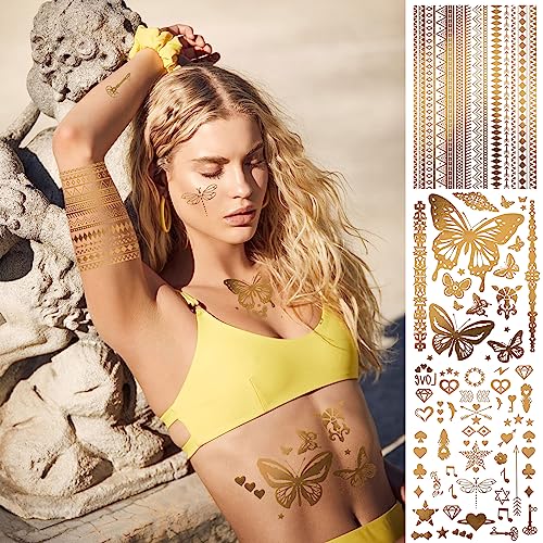 Gold Temporary Tattoos - 9 Sheets, 110+ Metallic Designs