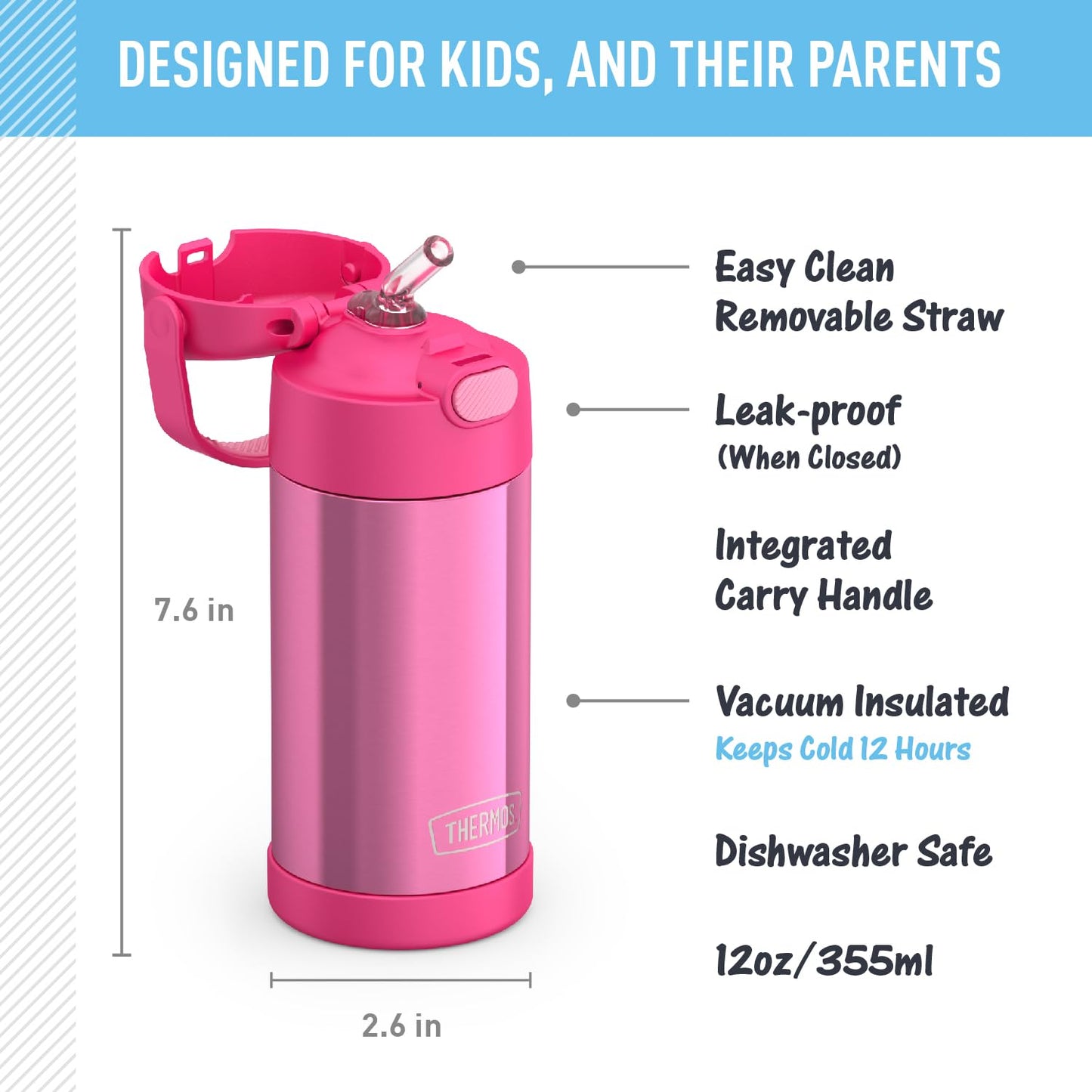 THERMOS FUNTAINER Water Bottle with Straw - 12 Ounce, Pink - Kids Stainless Steel Vacuum Insulated Water Bottle with Lid