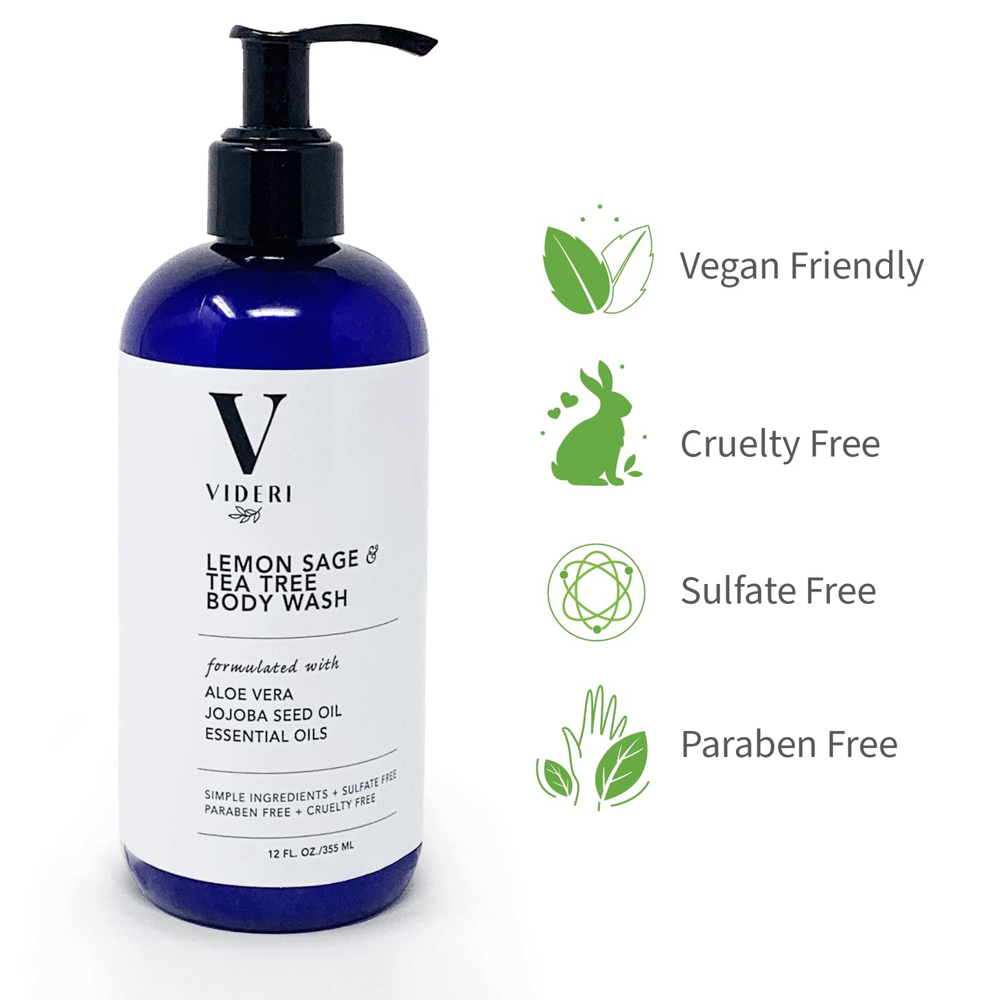 Videri Sulfate Free Body Wash for Sensitive Skin Lemon Sage & Tea Tree Body Wash - Essential Oils, Aloe Vera & Jojoba - Antioxidant Rich, Gentle on Skin & Fresh Citrus Scent - Large 12 fl oz