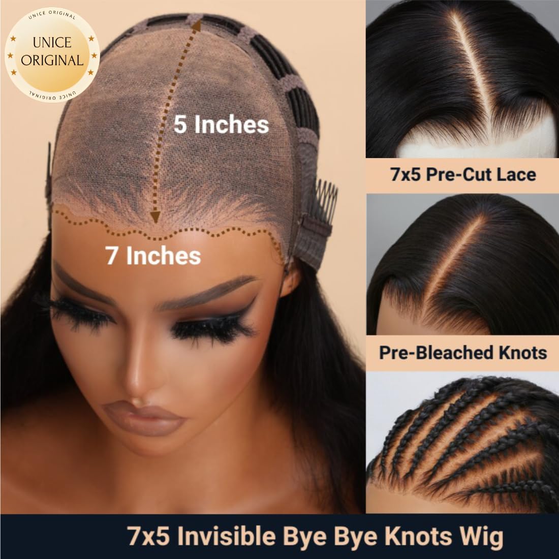 UNICE Bye Bye Knots Glueless Wig Body Wave 7x5 Pre Cut Lace Front Wigs Human Hair Bleached Knots Balayage Black Blonde Highlights Put on and Go Human Hair Wig Pre Plucked 150% Density 20 inch