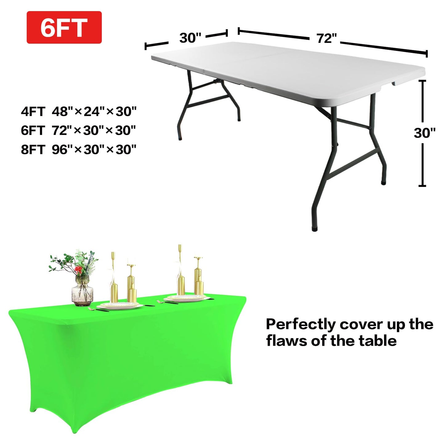 IVAPUPU 4FT Table Cloth for Rectangular Fitted Events Stretch Green Table Covers Washable Table Cover Spandex Tablecloth Table Protector for Party, Wedding, Cocktail, Banquet, Festival