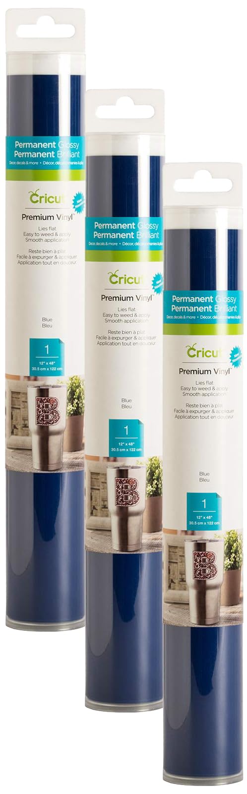 Cricut Premium Permanent Vinyl (12" x 48"), Strong Adhesive Lasts for 3 Years, UV & Water-Resistant, Perfect for Indoor-Outdoor DIY Projects, Compatible with Cricut Machines, Blue (Pack of 3)