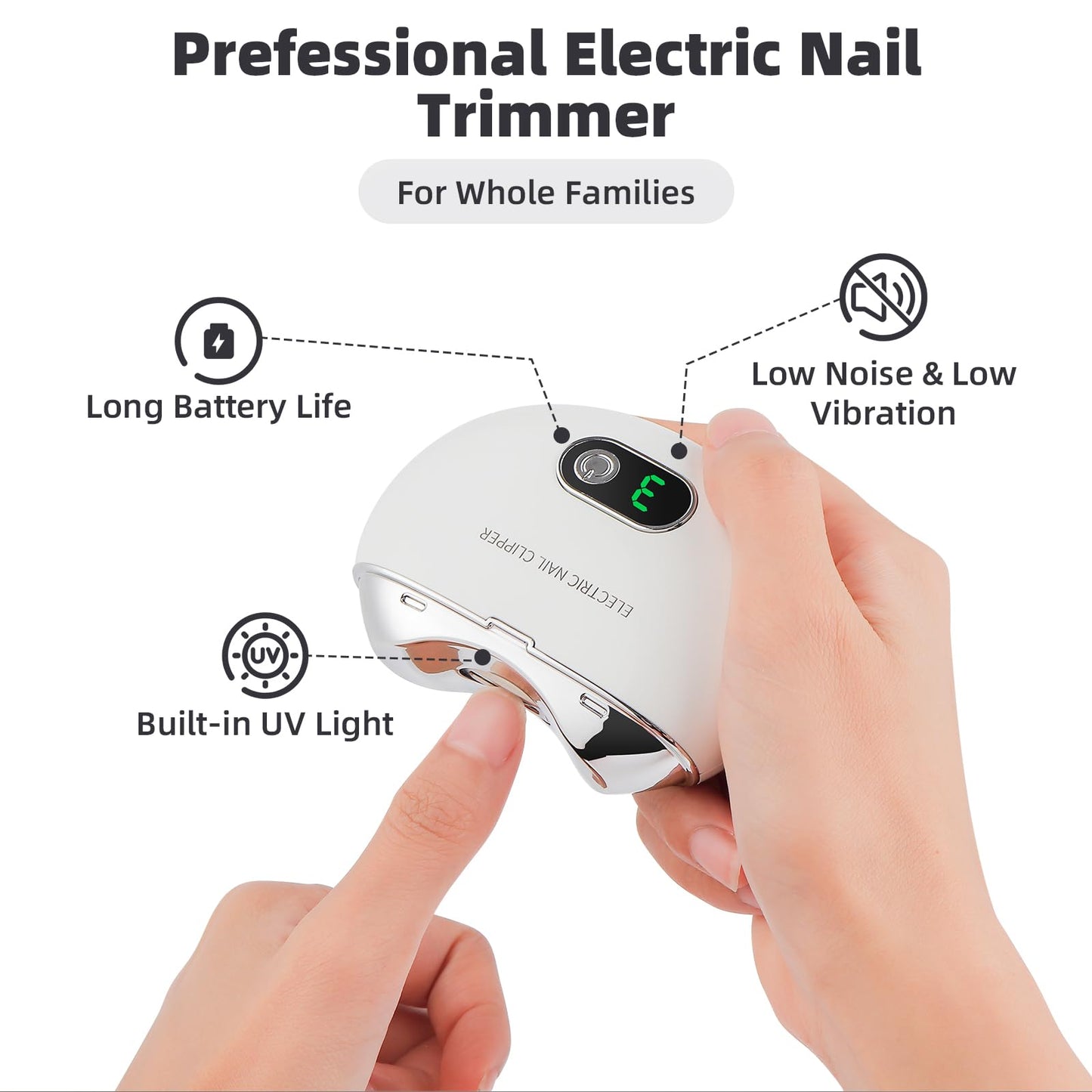 Electric Nail Clippers, Rechargeable Fingernail Clippers 3 Speeds Nail File Nails Trimmer with Nail Scraps Storage and LCD Display (White)