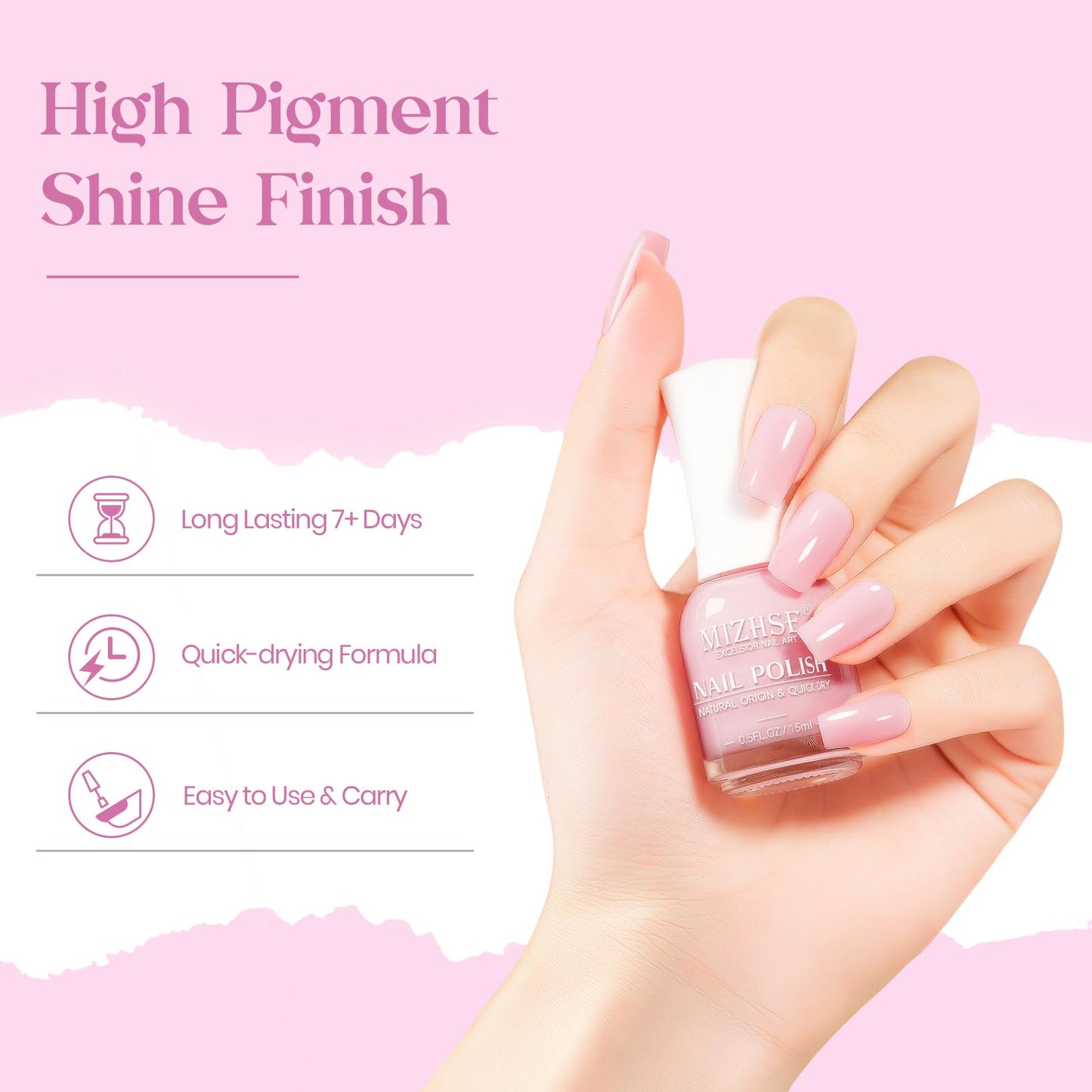 MIZHSE Quick Dry Nail Polish, Light Pink Nail Polish Non Gel Air Drying Fast, 15 ml Regular Pastel Pink Nail Polish Glossy Finish Nail Lacquer Nail Art Manicure DIY Home