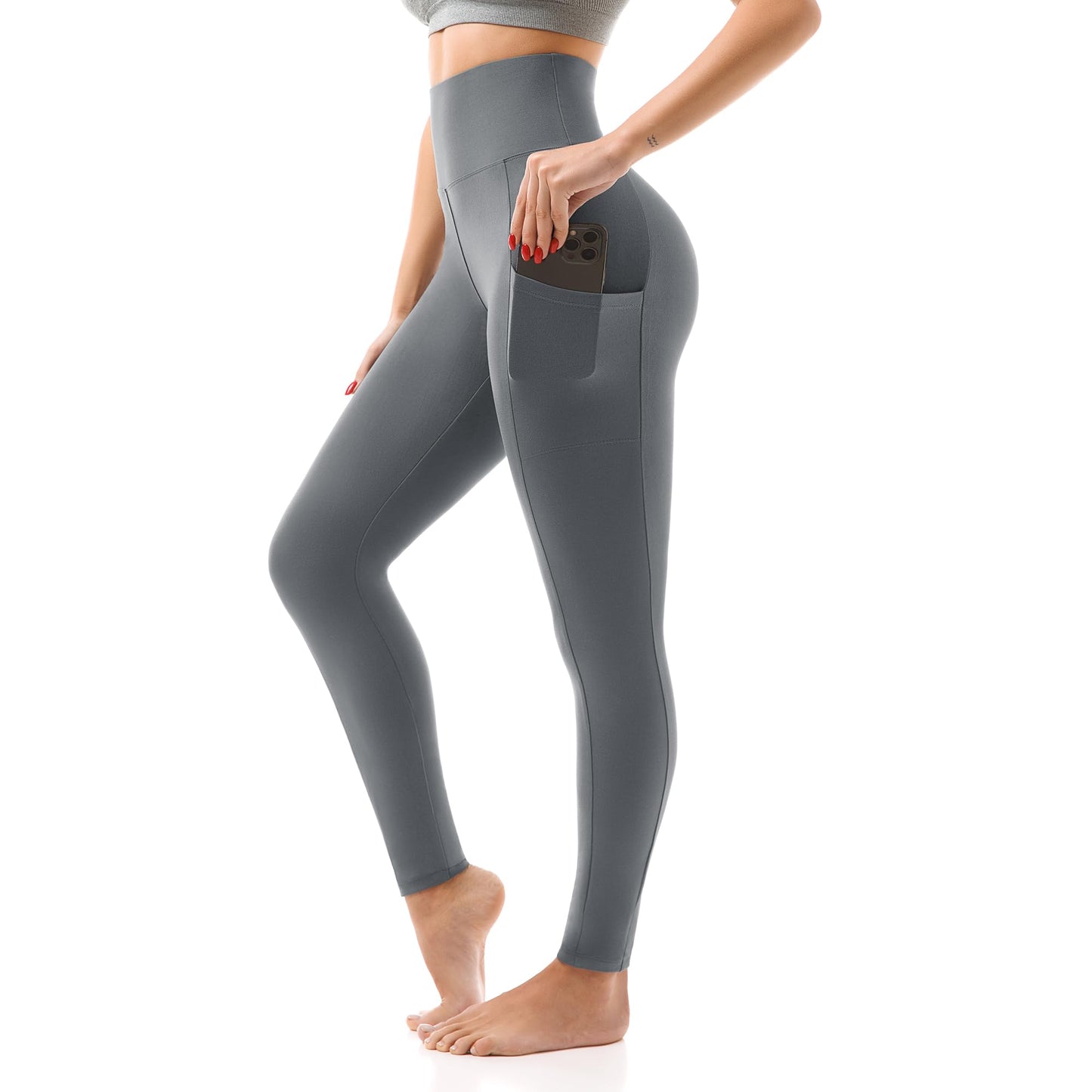 SINOPHANT High Waisted Leggings for Women - Full Length Capri Buttery Soft Yoga Pants for Workout Athletic(Pockets Grey,S-M)