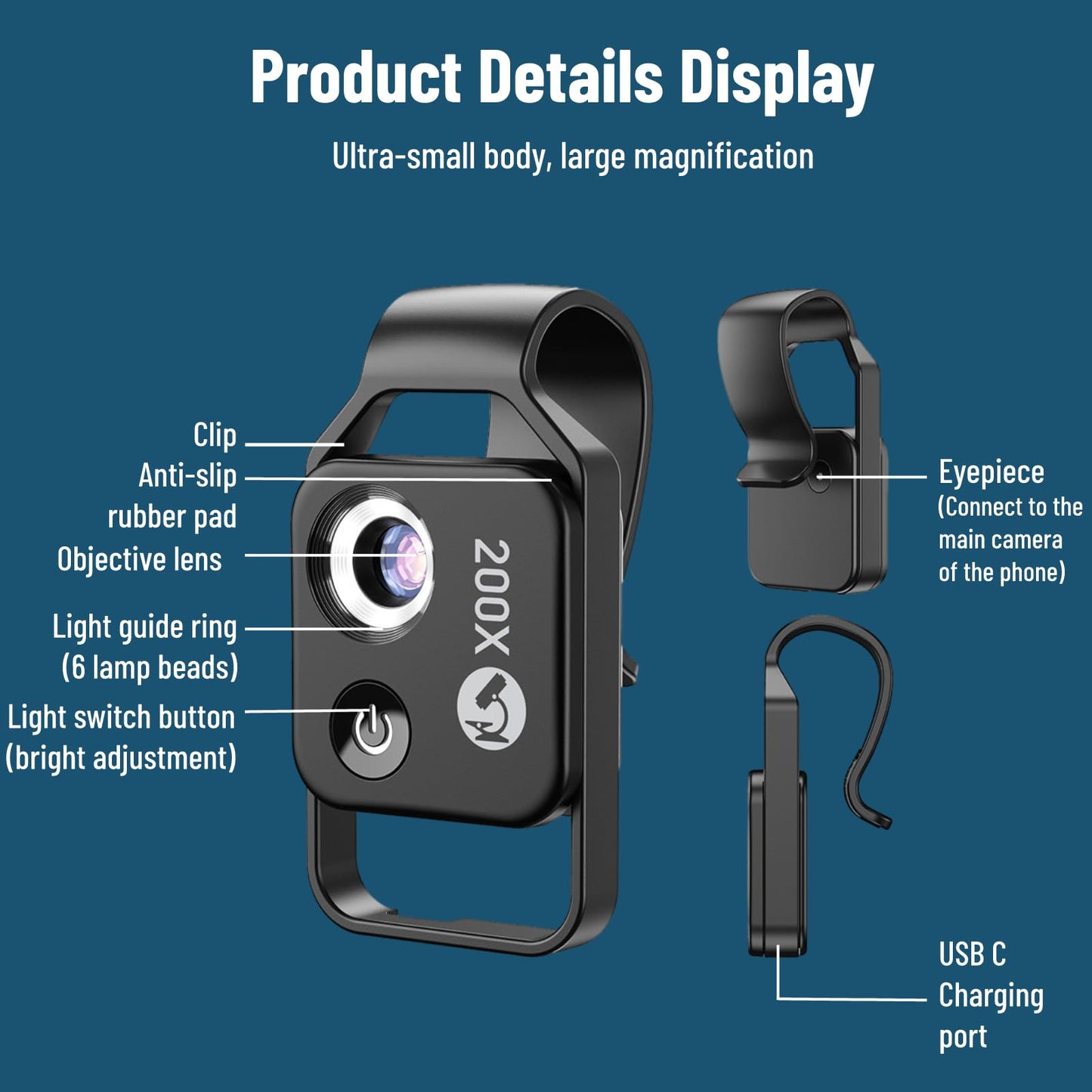 Pocket Phone Microscopes, 200X Zoom Clip On Microscopes Magnifier with CPL Lens & LED Light, Portable Microscopic Lens for iPhone for Samsung for Huawei for Google, to Enjoy Microworld(Black)