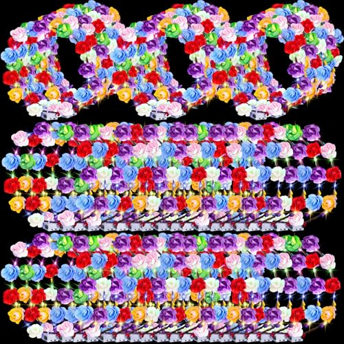 80 Pcs LED Flower Crown Headband Glow Floral Wreath Crown for Women Light Up Flower Headband Glow in the Dark Hair Accessories for Wedding Birthday Cosplay Halloween Christmas Beach Party Favor